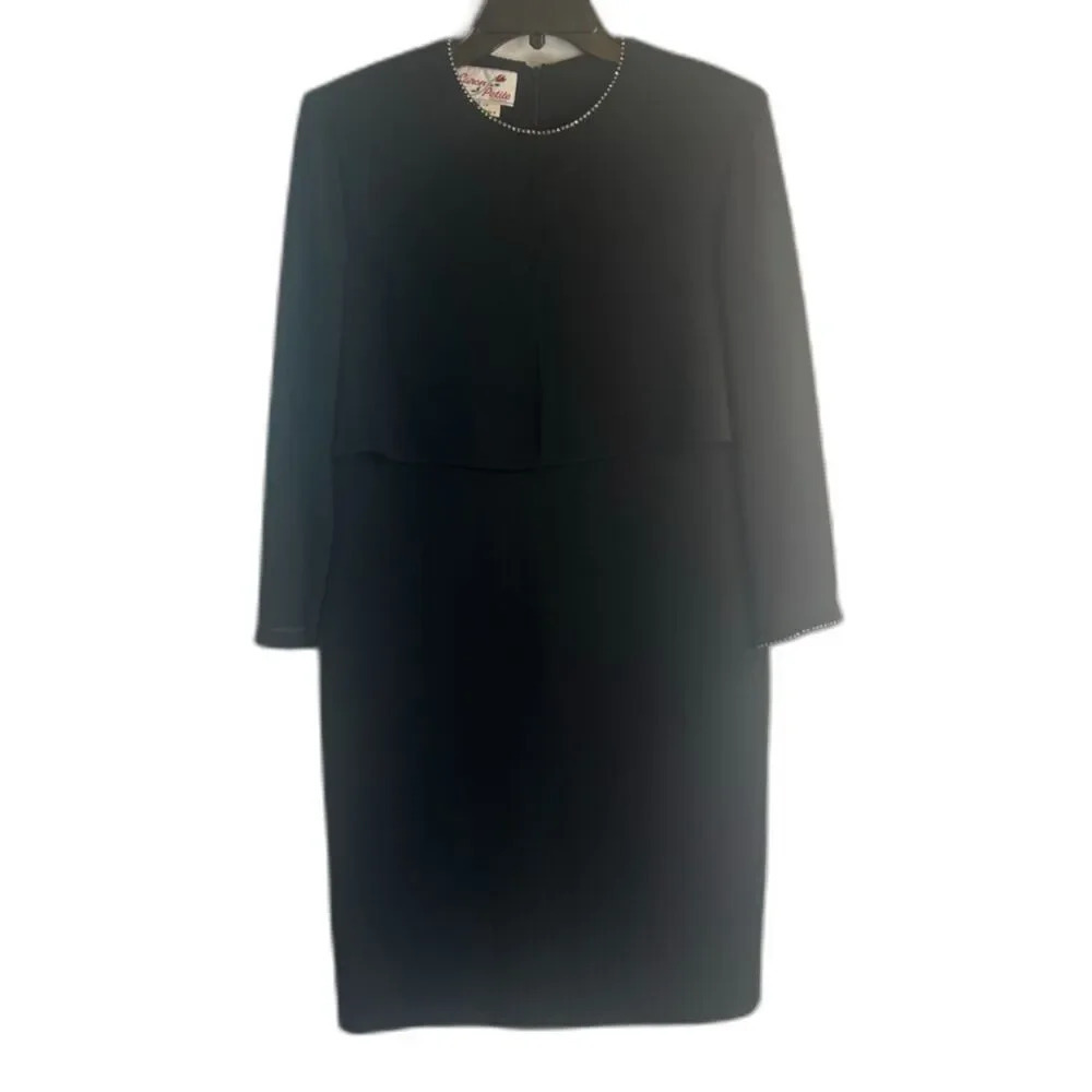 Caron Chicago Petite Vintage Black Dress with‎ Jeweled Trim USA Made Size 8